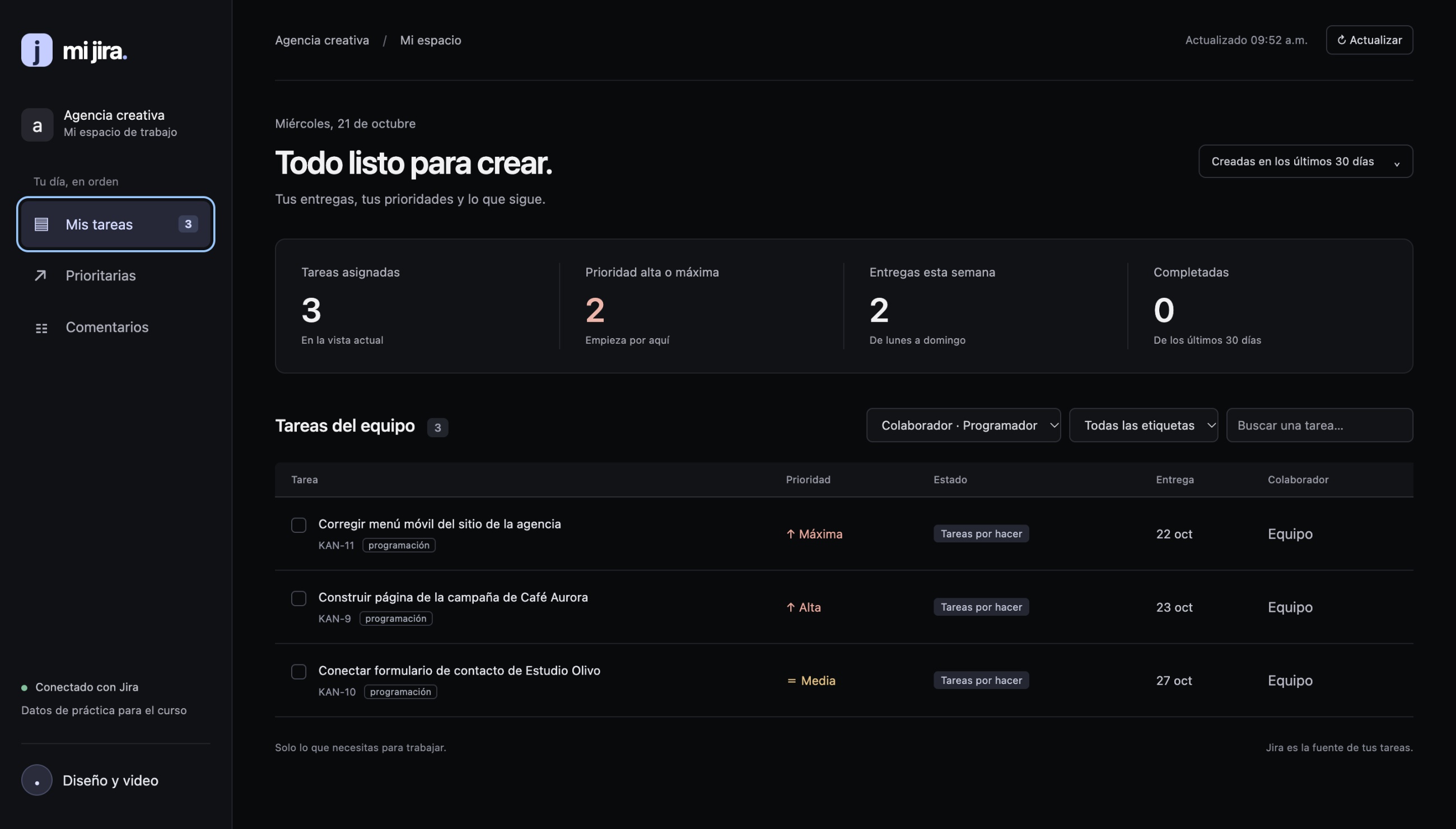 Filtro de tareas del colaborador con rol de Programador y tres tareas asignadas