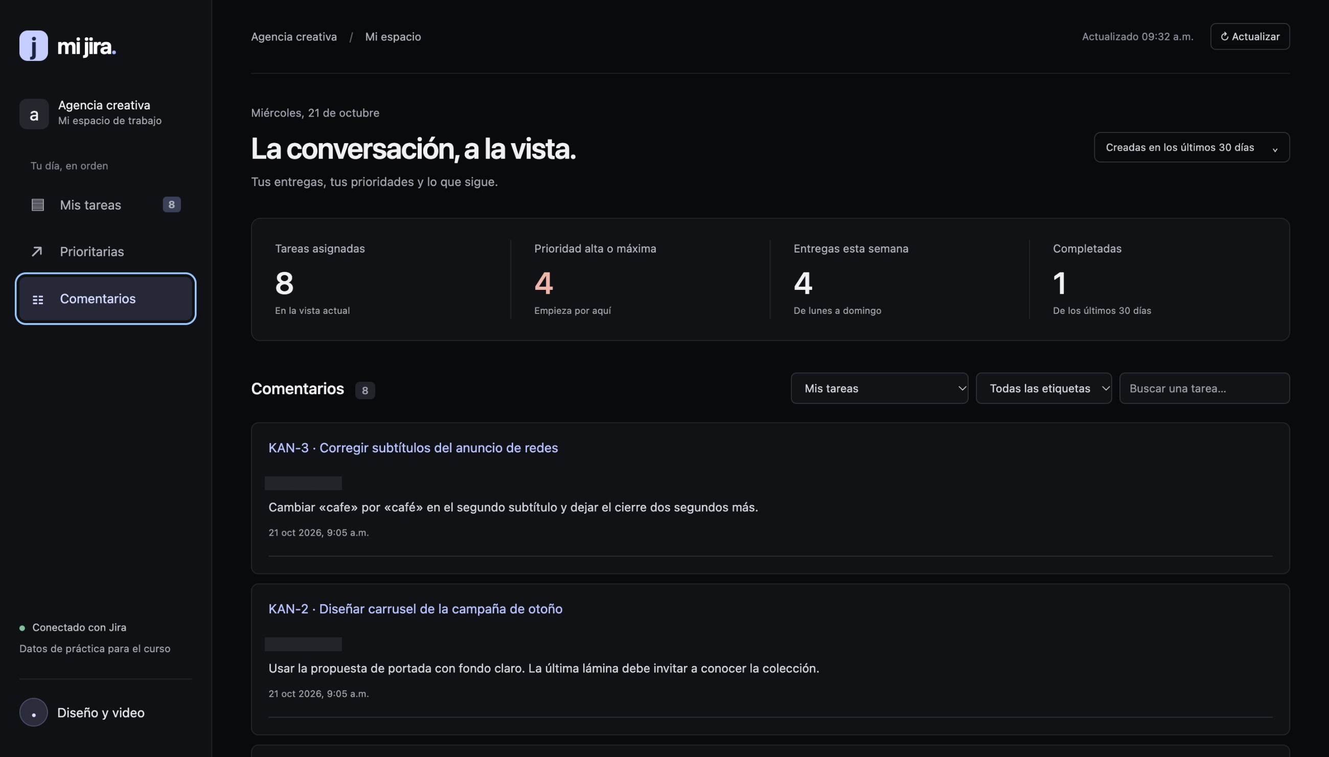 Vista de comentarios de tareas reales de práctica, con instrucciones en español
