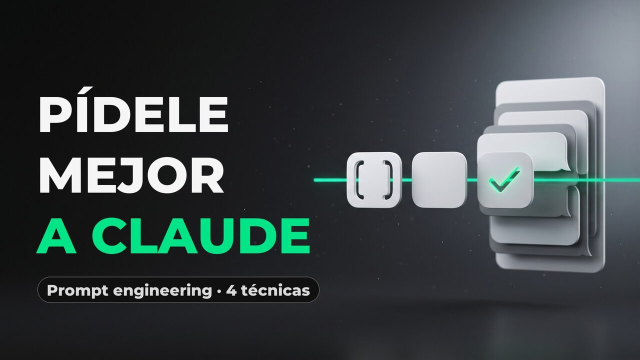 Portada del curso Prompt engineering con Claude: tarjetas de mensajes con huecos que se convierten en respuestas listas, con una marca verde